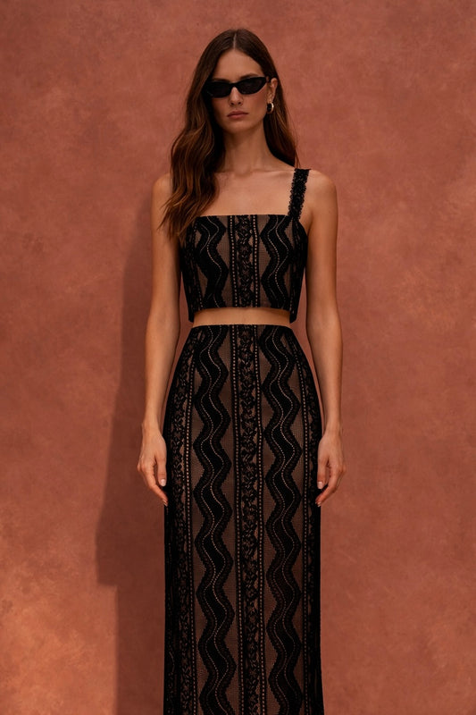 Co-ord set: gonna midi pizzo nero effetto nude